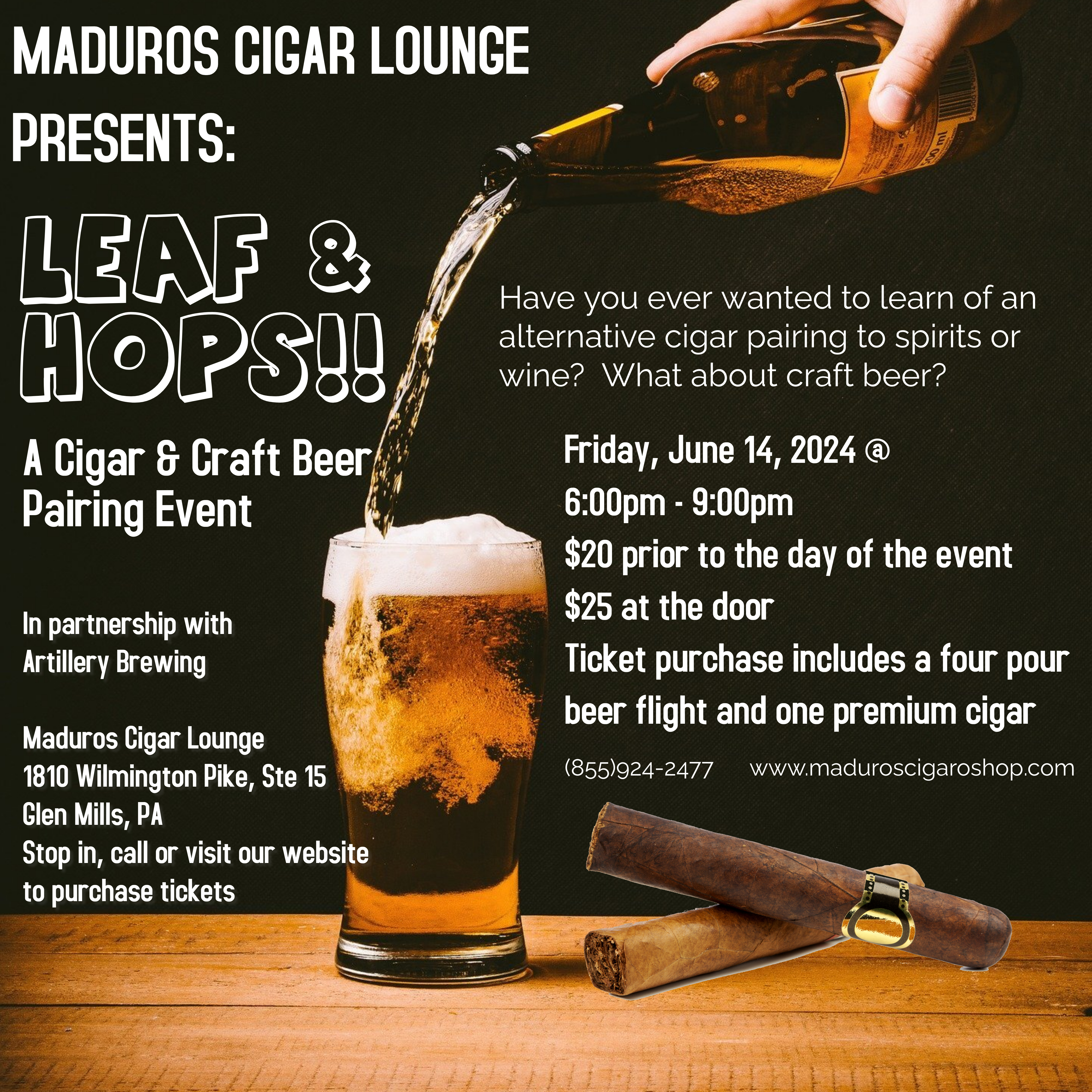 Cigars and Beer pairing event at Maduros Cigar Lounge flyer